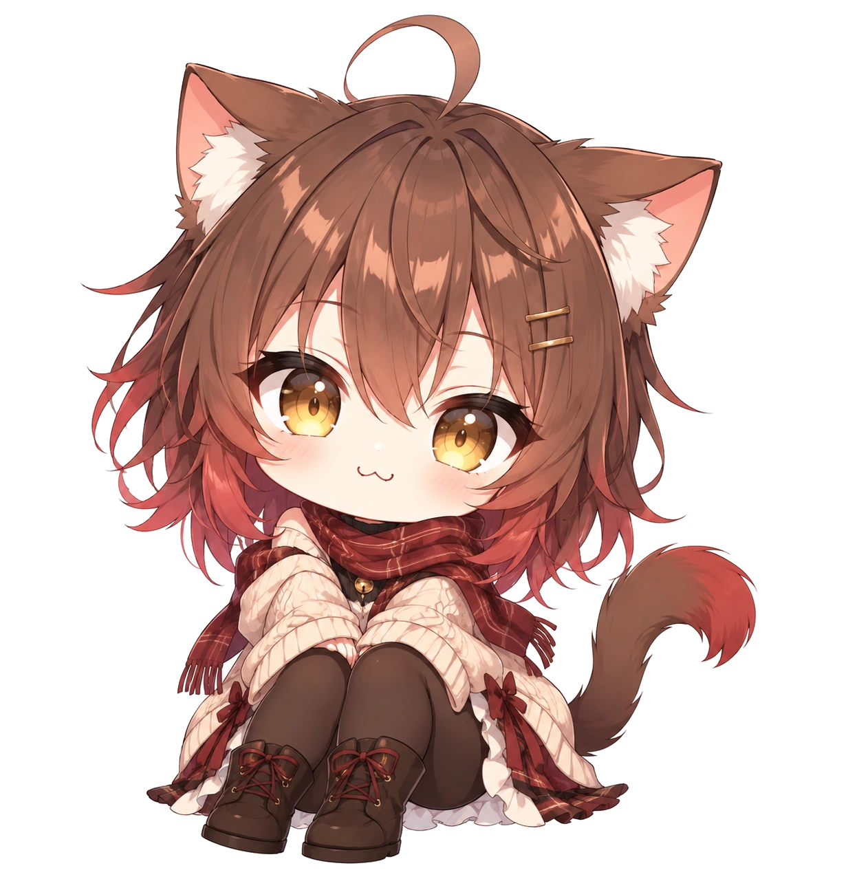 猫耳ちゃんのキャラクターイメージ。秋色の服とマフラーを身につけた猫耳のちびキャラクター。